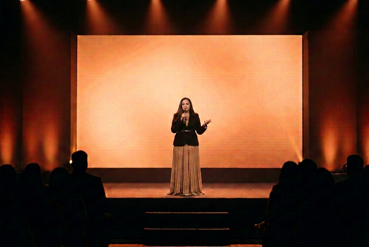 Amrit speaking on stage
